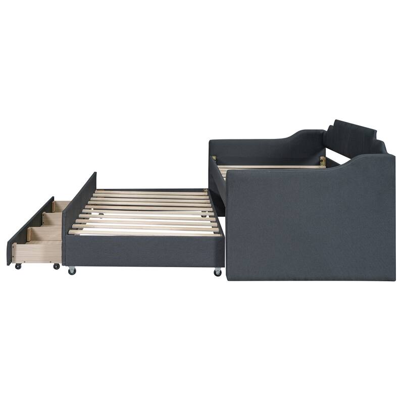 Twin Size Upholstered Daybed with Trundle and Three Drawers in Grey