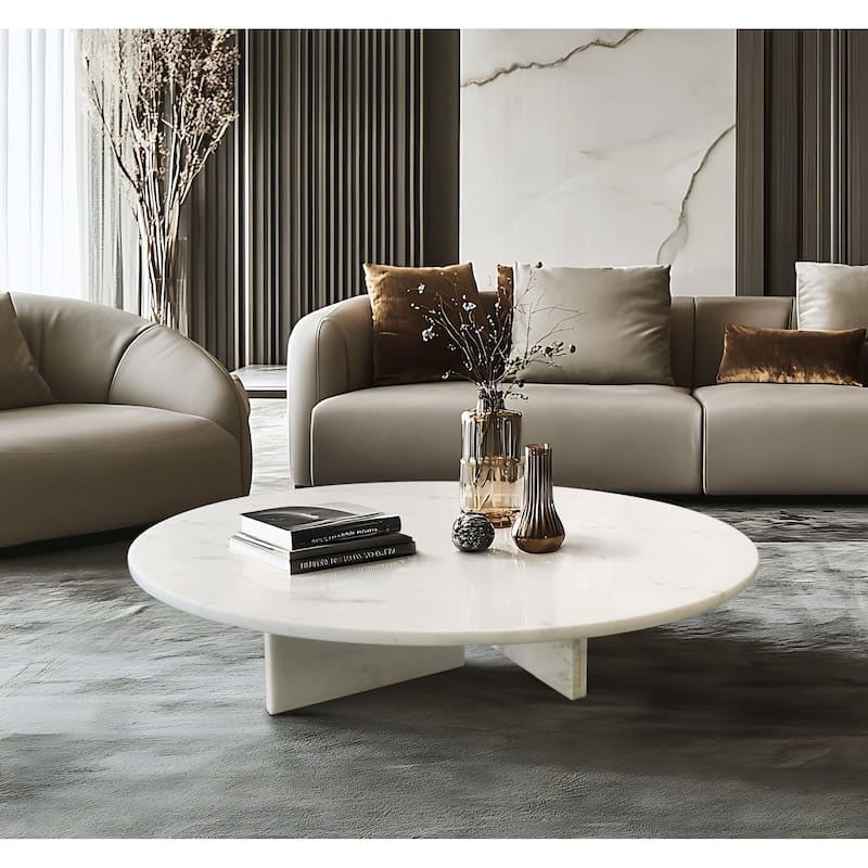 Roomfitters Round Marble Coffee Table, Natural Stone Living Room Table, Solid Marble Low Profile Design - White+Natural