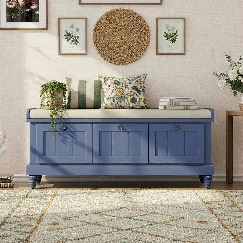 Classic Fluted Shoe Bench with Cushioned Top & Three Drawers by Harper&Bright Designs - Navy Blue
