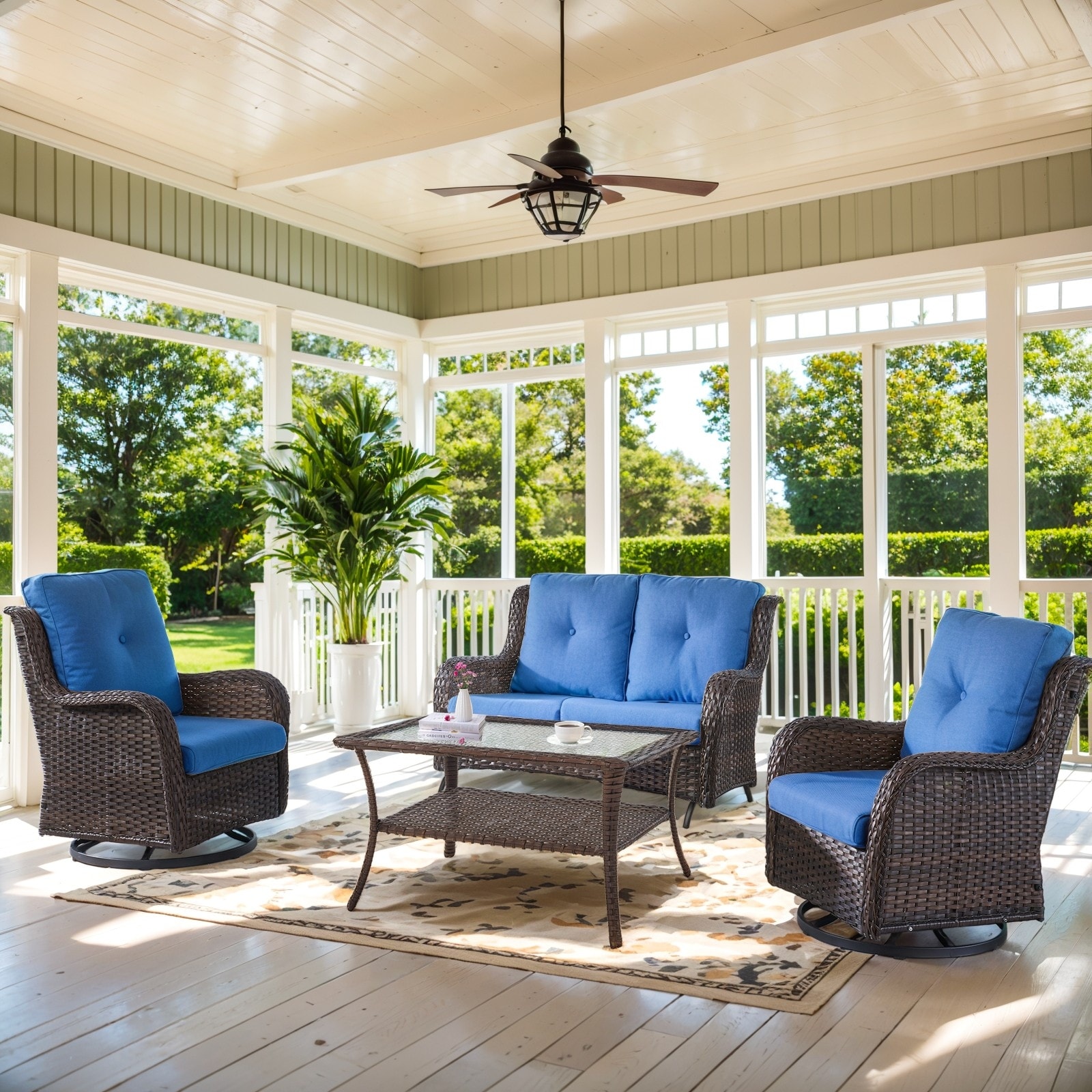 Patio Swivel Chair with Glider Loveseat Table - Blue cushion - Brown