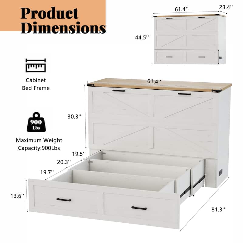 Queen Murphy Bed with Charging Station, Farmhouse Murphy Cabinet Bed with Large Storage Drawer, Hideaway Foldable Platform Bed