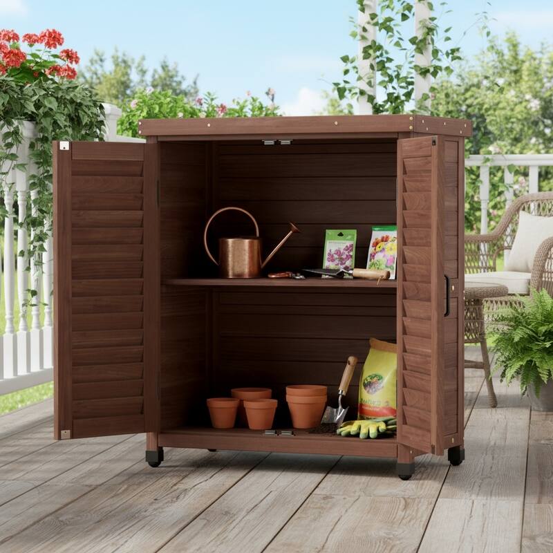 GDF Studio - Outdoor Wooden Potting Bench with Metal Tabletop Workstation and Storage Cabinet