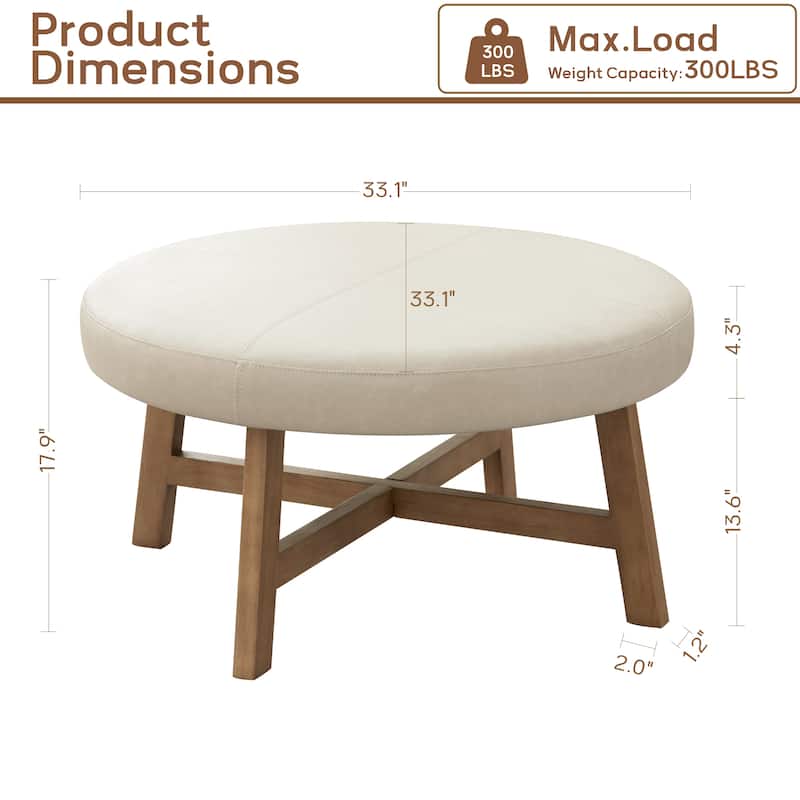 Round Upholstered Coffee Table with Solid Wood Base, Modern Fabric Ottoman Table for Living Room