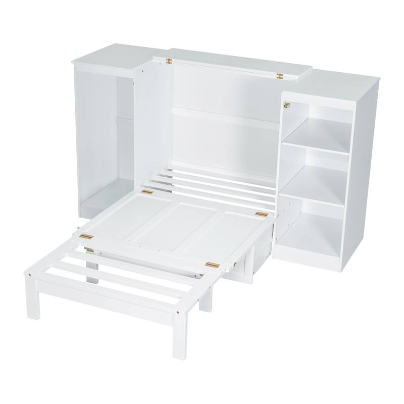 Twin Murphy Bed with Wardrobe, Bookcase Shelves & Pull-Out Drawer, Solid Wood Frame in White