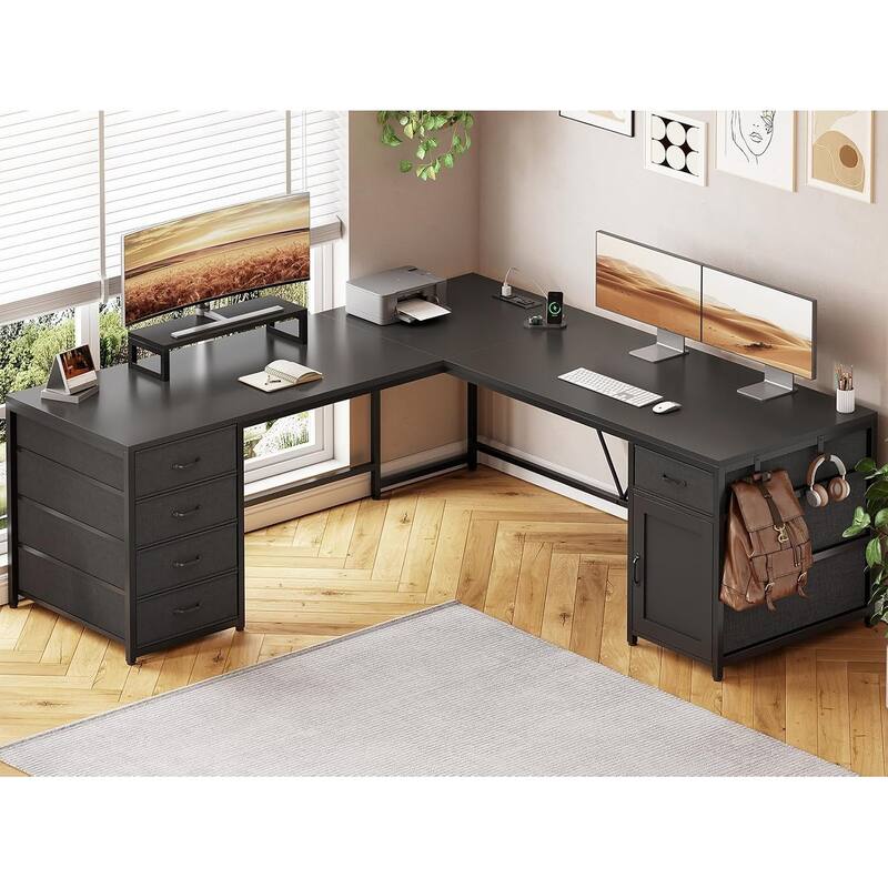 L Shaped Computer Desk 5 fabric Drawers Gaming Desk Storage Shelf