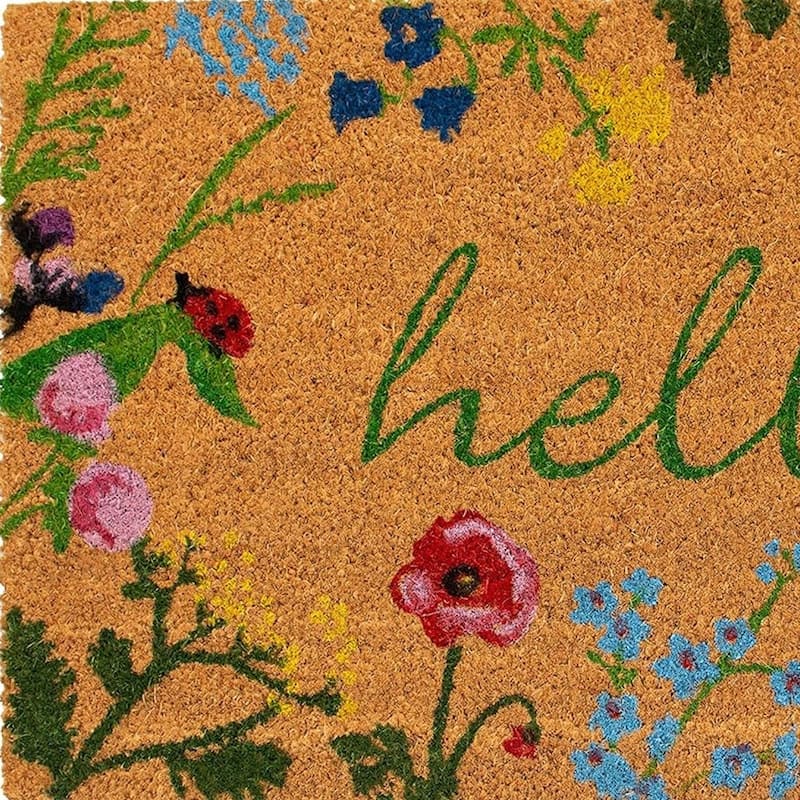 HomeRoots 17" X 29" Natural and Green Coir Floral Hello Outdoor Door Mat - 17.00' X '29.00
