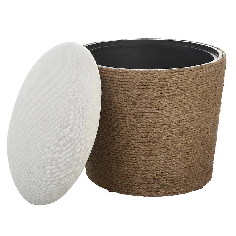 18 Inch Classic Storage Accent Ottoman, Rope Wrapped Base, Off White, Brown