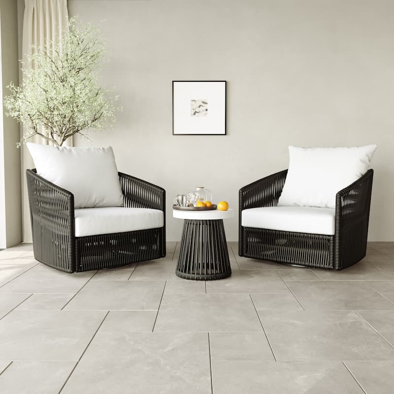 3-piece Cushioned Swivel Patio Wicker Furniture Set Outdoor Rattan Bistro Set - Black