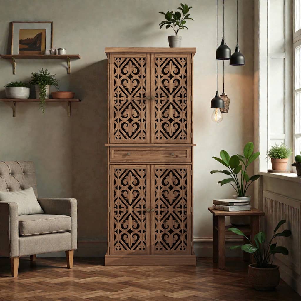 4 Door Storage Cabinet with Drawer, Adjustable Shelves Accent Cabinet with Carved Doors and Anti-Tip Design