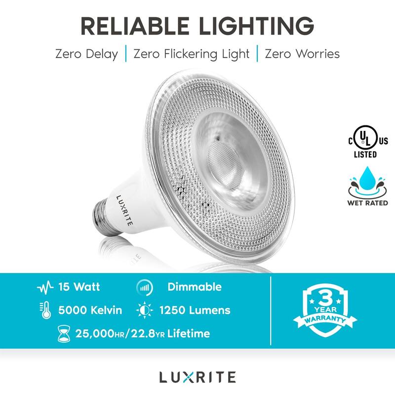 Luxrite 6 Pack LED PAR38 Flood Light Bulb 1250 Lumens 15W Dimmable Wet Rated E26 Base UL Listed