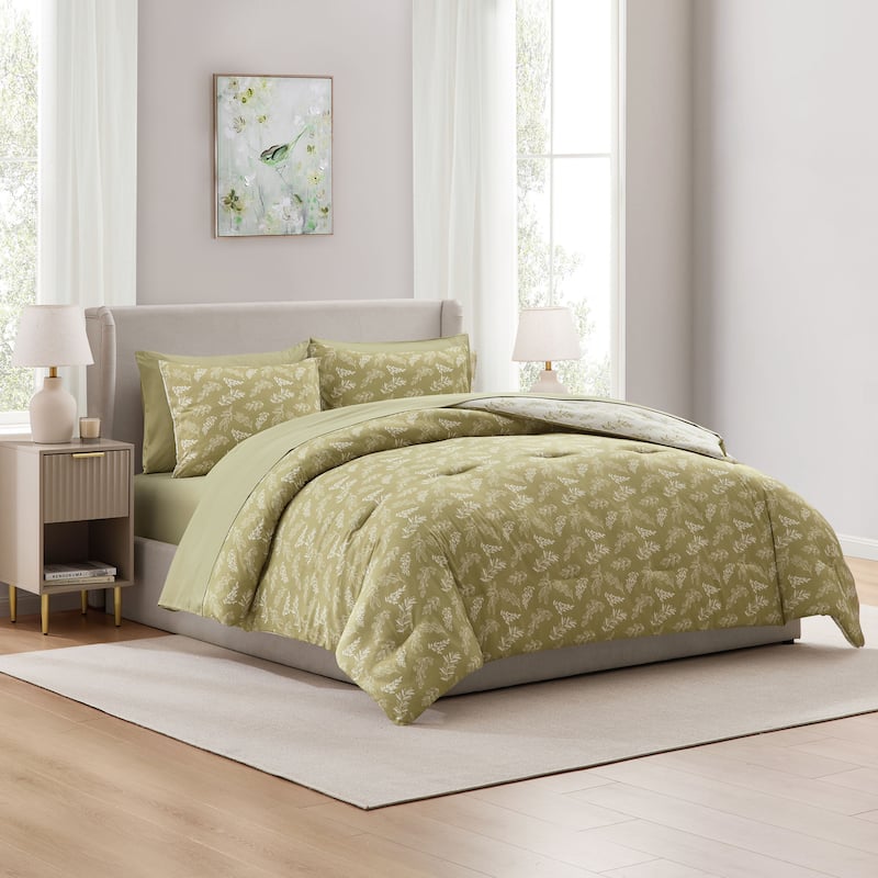 Empyrean 7 Pc Botanical Comforter Set with Sheets, Soft Breathable Lightweight Bedding Bag - Olive Grove/White - Queen