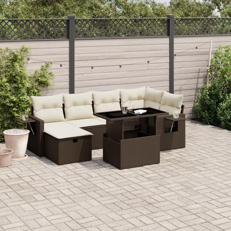vidaXL Patio Sofa Set with Cushions Outdoor Furniture 7 Piece Poly Rattan - 21.7 x 39.4 x 28.7 in - Brown and cream