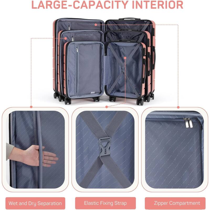 3-Piece Luggage Sets(20/24/28 Inch) , Hard Shell Suitcases with Spinner Wheels, Expandable Lightweight Rolling Suitcase Sets