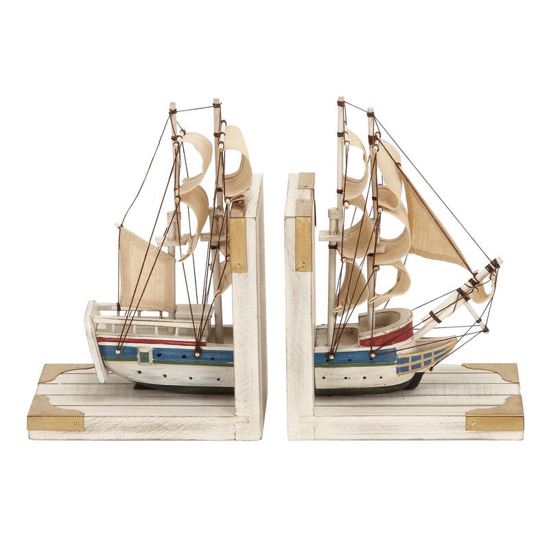 White Wood Sail Boat Decorative Bookends with Real Boat Rigging and Gold Corners (Set of 2)