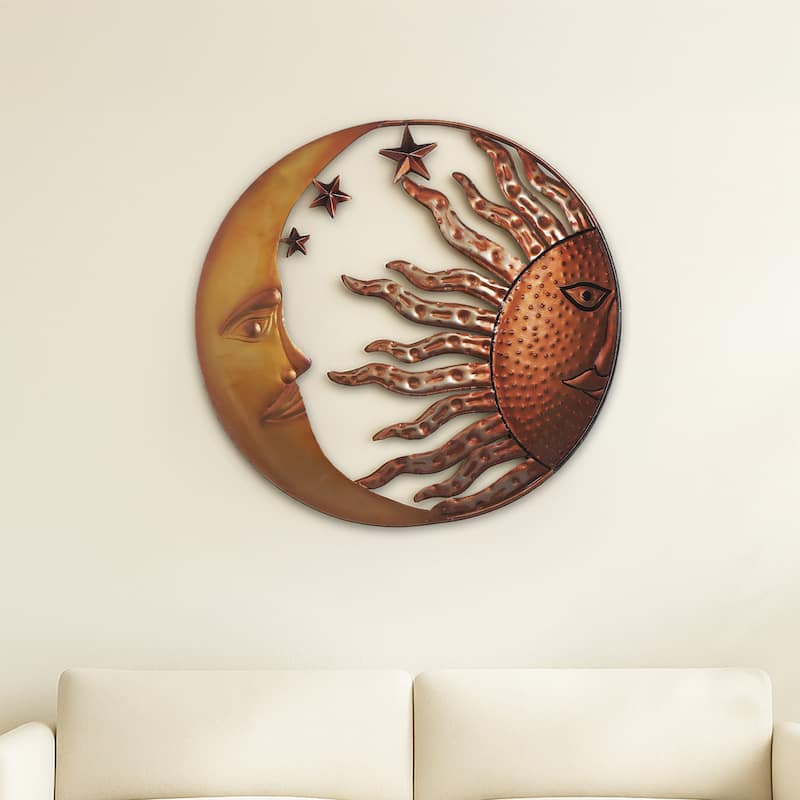 21 Inch Handcrafted Sun and Moon Accent Wall Decor, Round Metal Wall Mount, Rustic Gold, Bronze