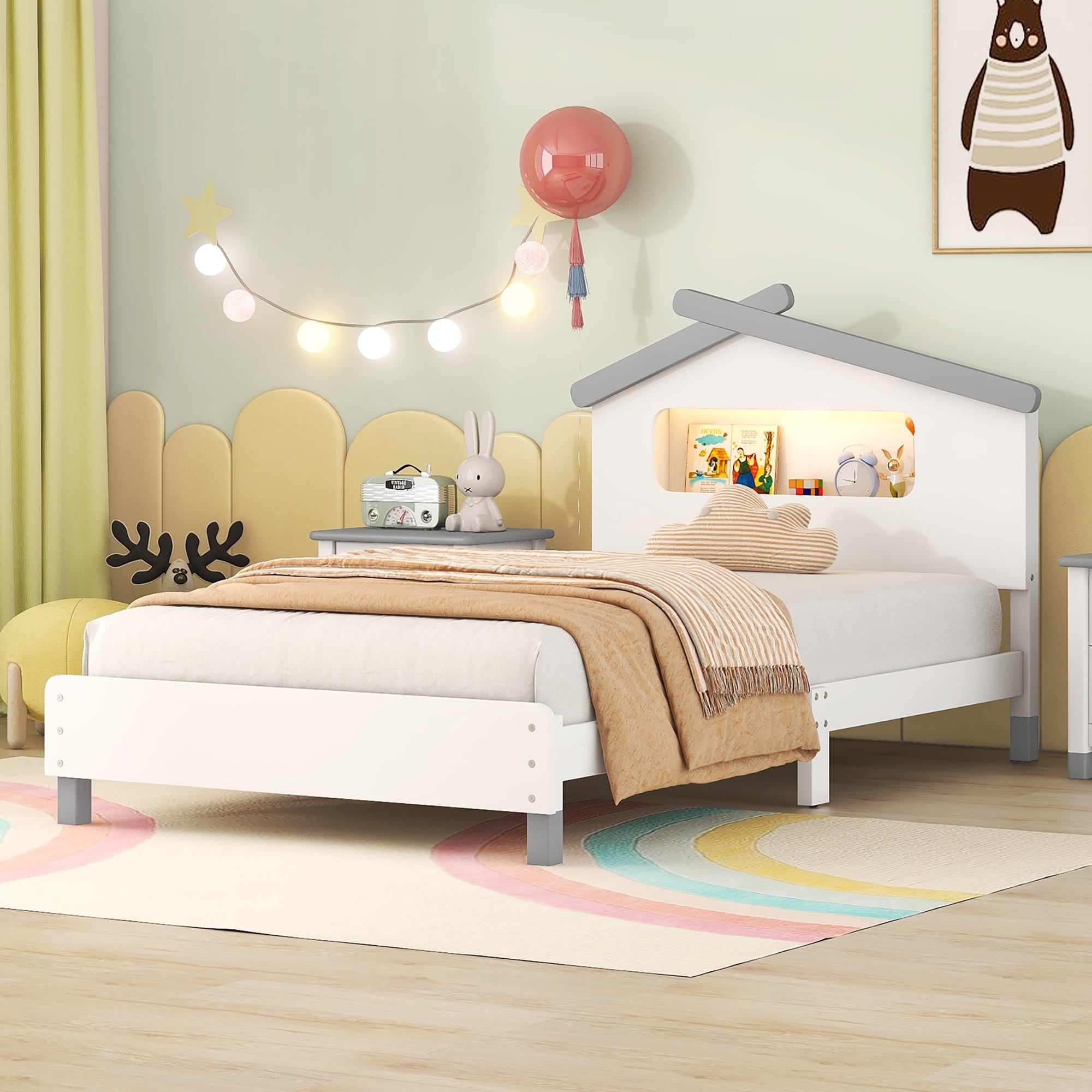 Twin Size Wood Platform Bed with Headboard and Night Light Bed