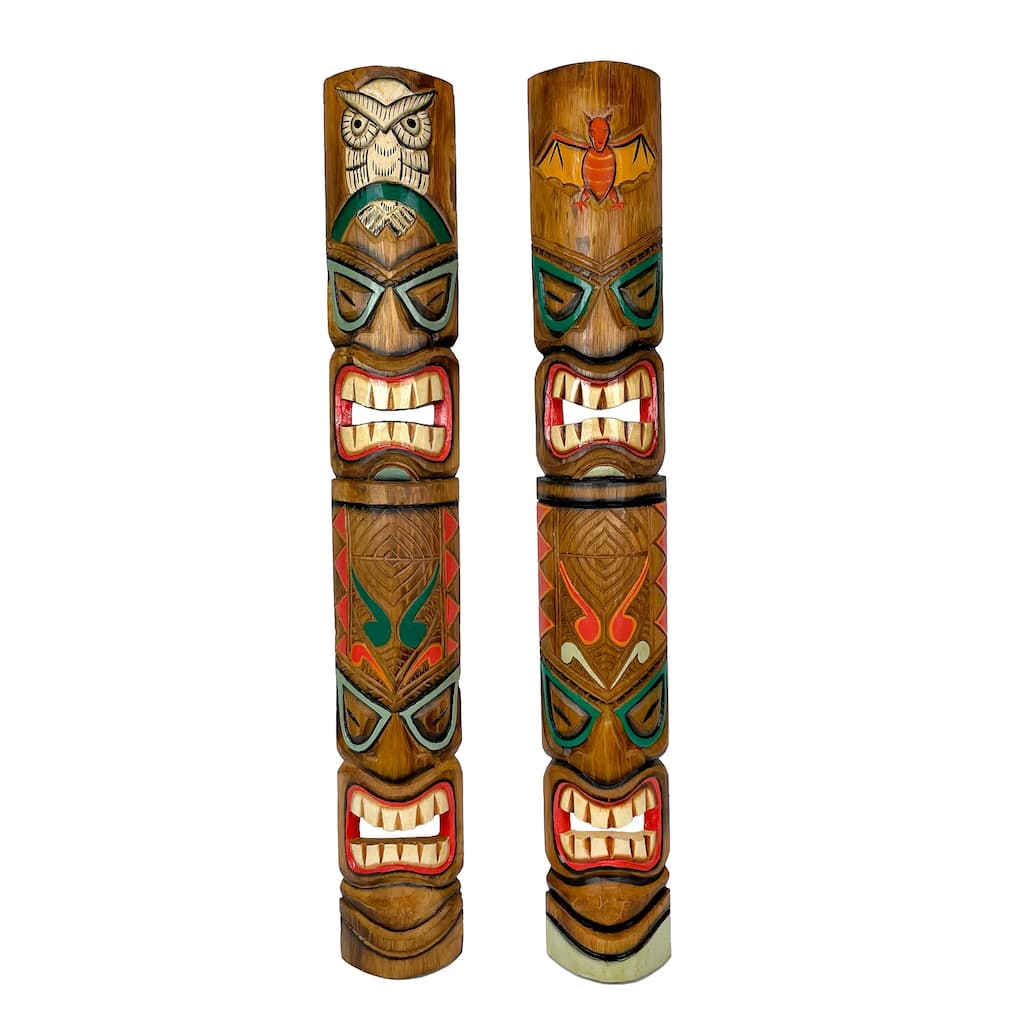 Zeckos Double Tiki Mask Bat & Owl Carved Wall Sculpture (Set Of 2)