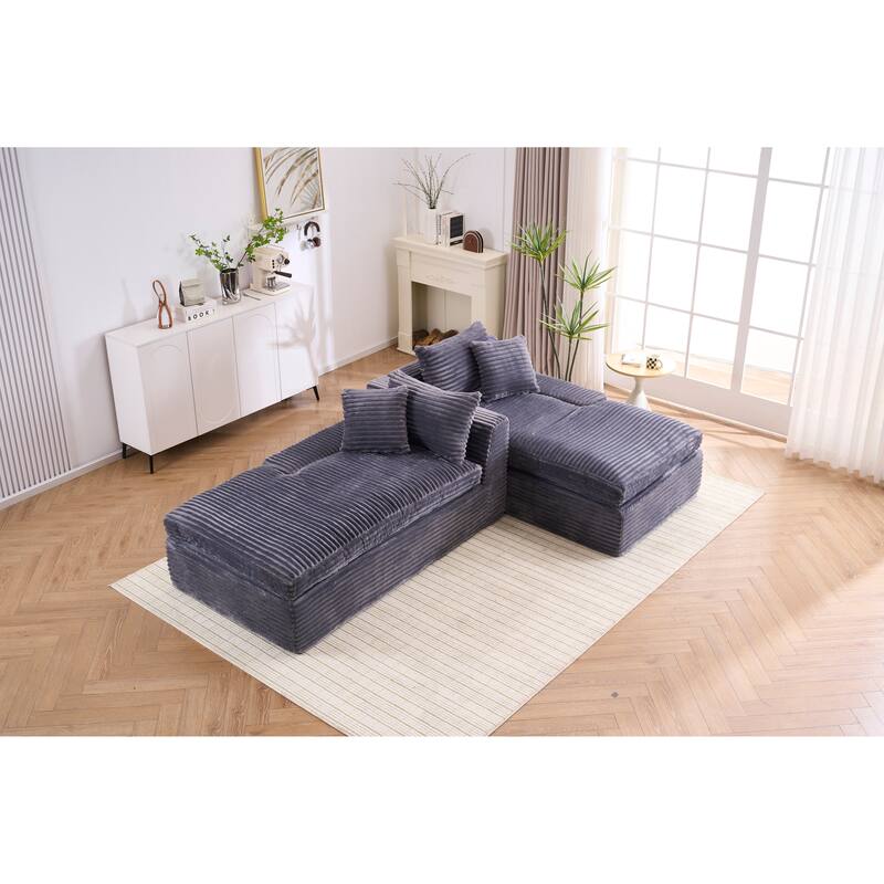 Oversized Corduroy Upholstered Chaise Lounge Sofa / Double Single Side Arm Sleeper Sofa Couch / Modular Recliner Sofa - Gray