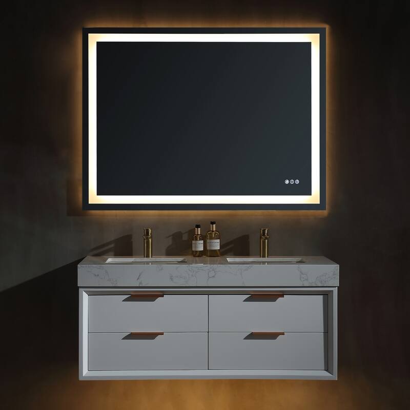36/48/60 Modern Floating Bathroom Vanity with Sinle/Double Sink & Soft-Close Drawers & LED Lighting & Waterproof, White