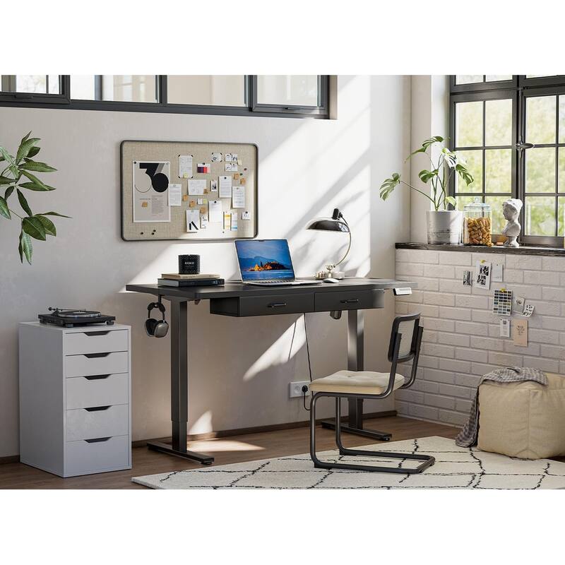 FEZIBO Adjustable Height Electric Standing Desk with Double Drawer, Stand Up Home Office Desk with Splice Tabletop - Black - 24"D x 48"W x 27"H