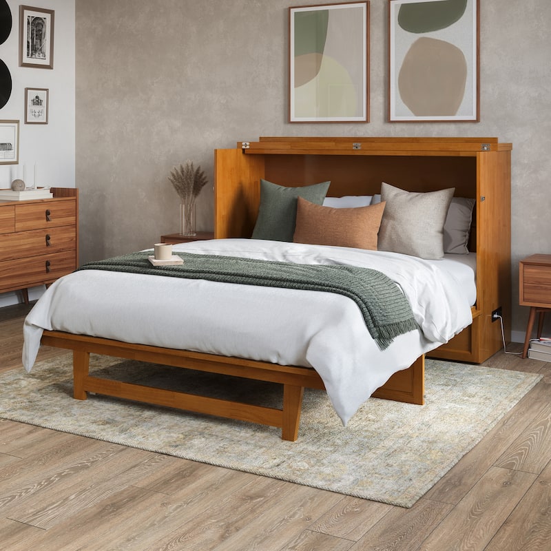 Northfield Queen Murphy Bed Chest with 6" Mattress, Storage Drawer & Built-In Charger in Light Toffee