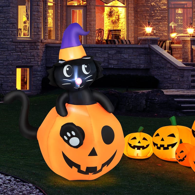 Gymax 5FT Inflatable Halloween Decor Pumpkin with Witch's Black Cat w/