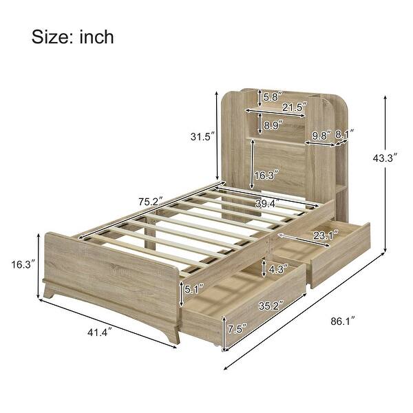 dimension image slide 1 of 2, Twin Storage Platform Bed with LED Headboard, Drawers, & Shelves, Natural