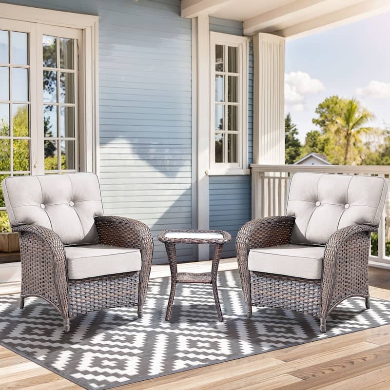 3 Pieces Outdoor Patio Chairs with Side Table All Weather - Brown Wicker & Beige Cushion