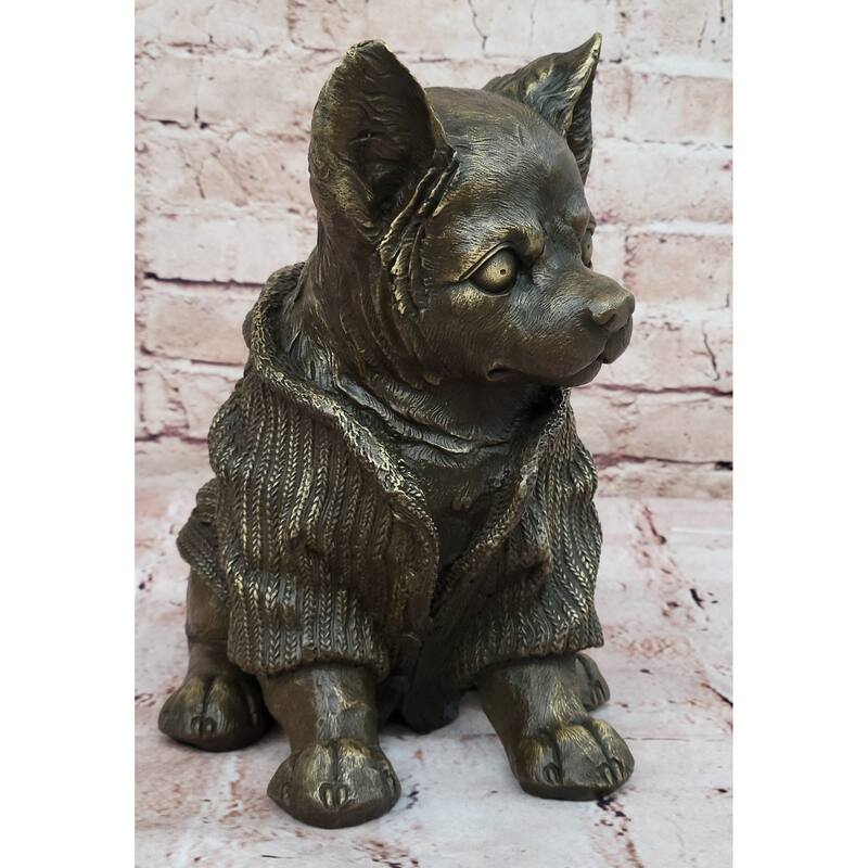 Cute Chihuahua Imitative Dog In Hooded Sweater Bronze Sculpture Figurine Statue Hot Cast