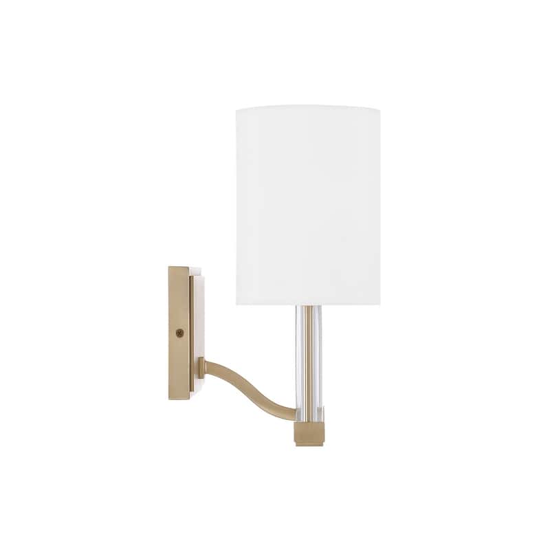 24" W x 9.75" H 3-Light Vanity in Matte Brass with Clear Acrylic Accents and Cylindrical White Fabric Shades