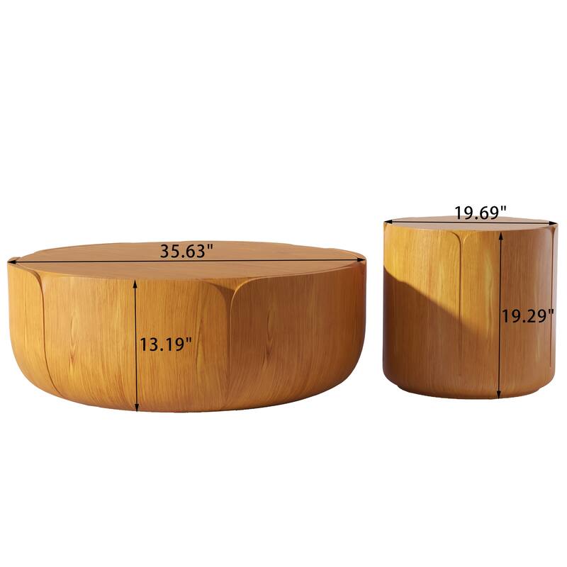 Round Outdoor/Indoor Coffee Table Set, Modern Wood Grain Drum Center Tables