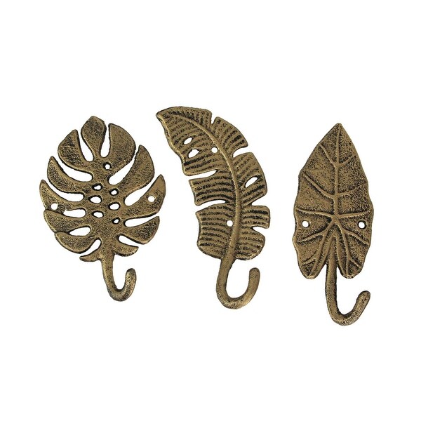 Set Of 3 Cast Iron Gold Tropical Leaf Decorative Wall Hooks Towel