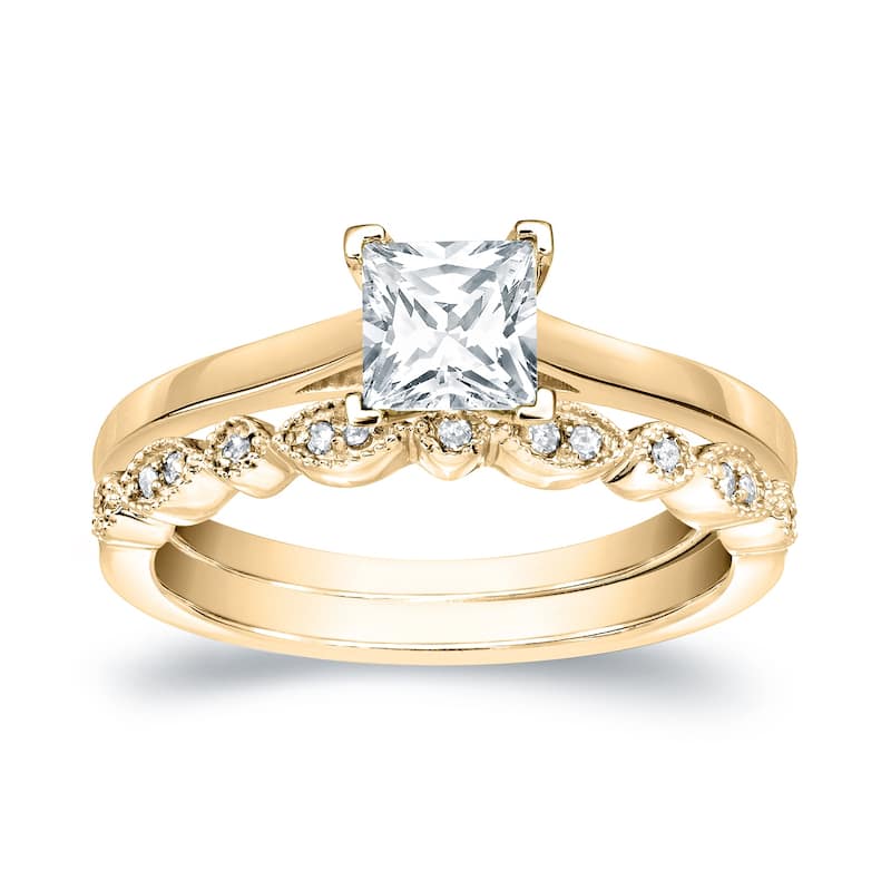 Auriya 14k Gold 3/4cttw Vintage Princess-cut Solitaire Diamond Engagement Ring Set