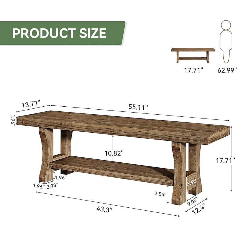 55 Inch Solid Wood Entryway Bench with Shoe Storage, 2-Tier End of Bed Bench Foyer Dining Bench - 55.1" W x 13.8" D x 17.7" H