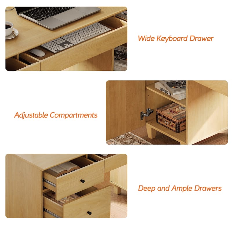 WAMPAT Home Office Furniture Set, 58" Executive Desk with Cabinet, 3-Column 71" Tall Bookcase with Doors and Adjustable Shelves