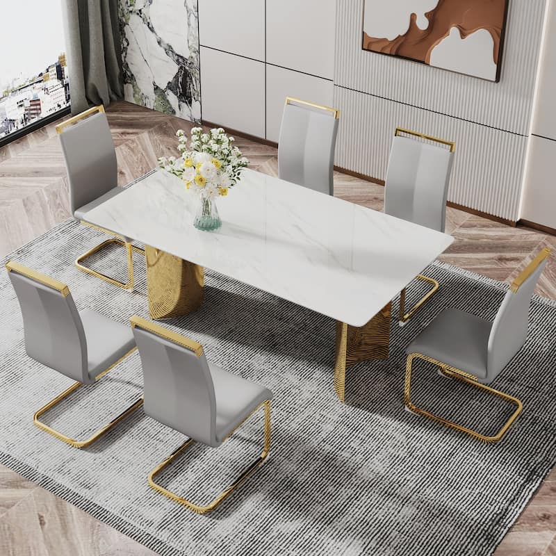 Roomfitters Dining Table with White Marble Glass Top and Gold Metal Legs for Kitchen or Living Room Use, White