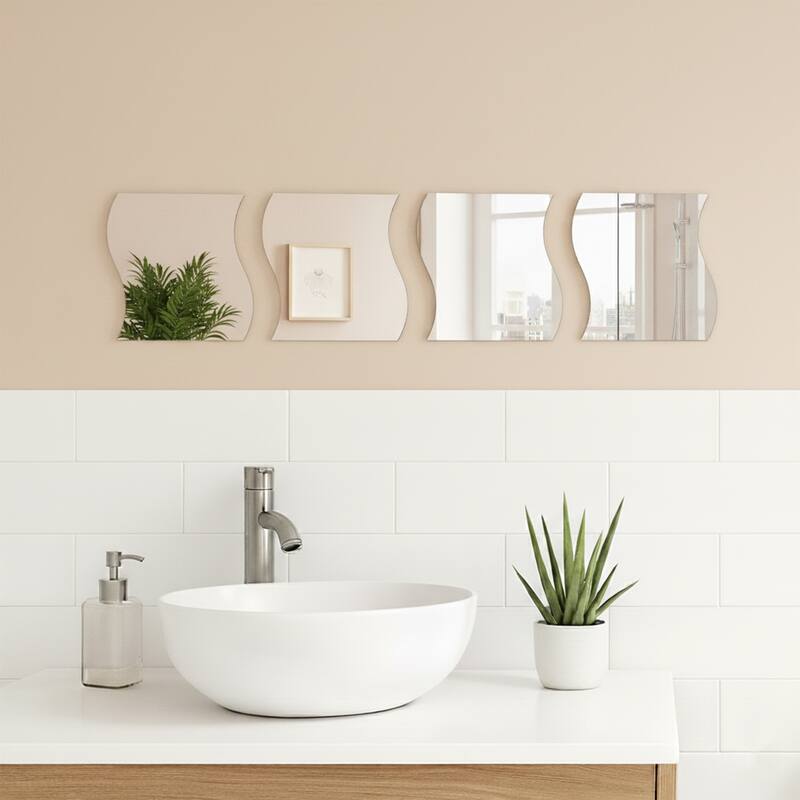 Small Decorative Wall Self Adhesive Shaped Mirrors - Set of 4 - Wave