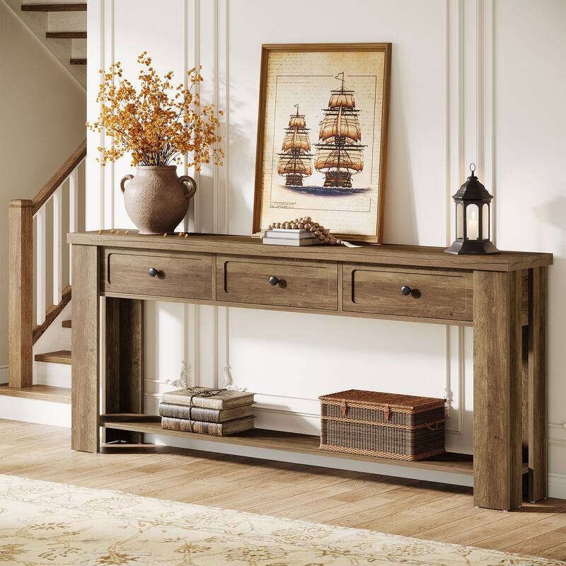 70.9 Inch Long Console Table with 3 Drawers and Storage Shelves, Farmhouse Rectangular Sofa Table Behind the Couch - Brown