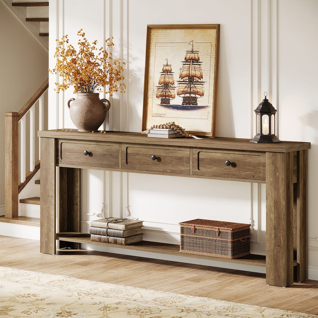 70.9 Inch Long Console Table with 3 Drawers and Storage Shelves, Farmhouse Rectangular Sofa Table Behind the Couch