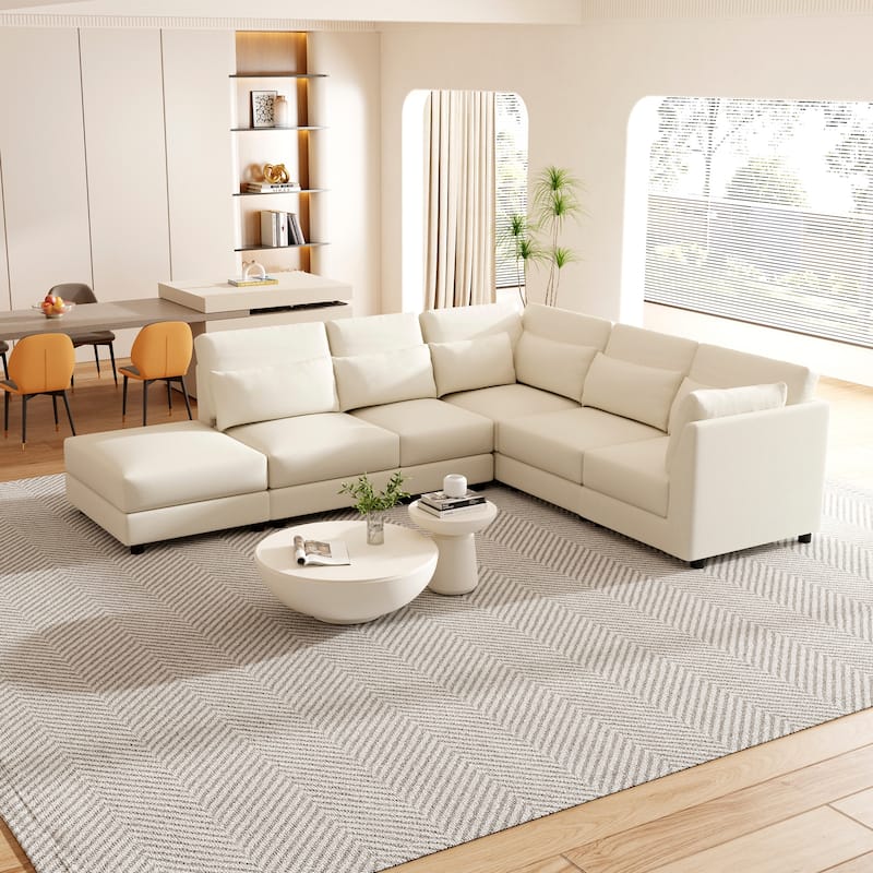 SUGIFT 5 Piece Versatile Linen Fabric Modular Sectional Sofa Set - Beige