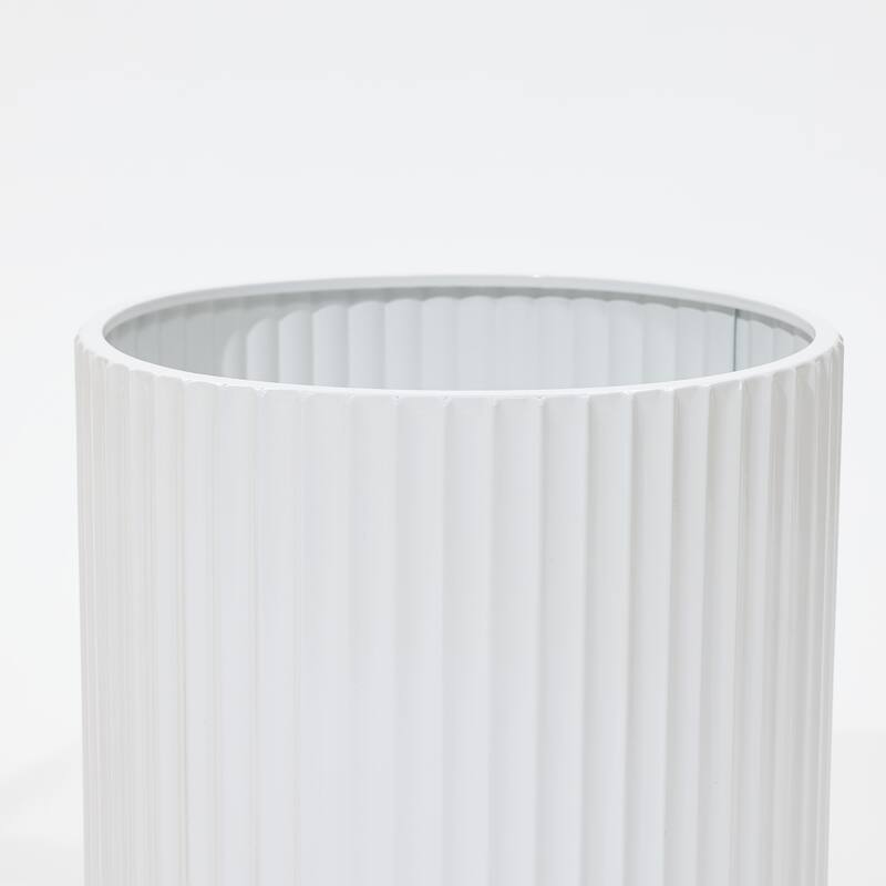 2-Pc Textured Round White Metal Cachepot Planters with Gold Stands