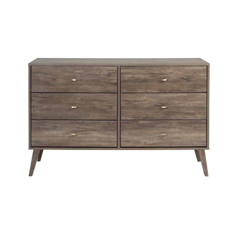 Prepac Milo Mid-Century Modern 6 Drawer Double Dresser for Bedroom, Chest of Drawers, Contemporary Bedroom Furniture - Drifted Gray
