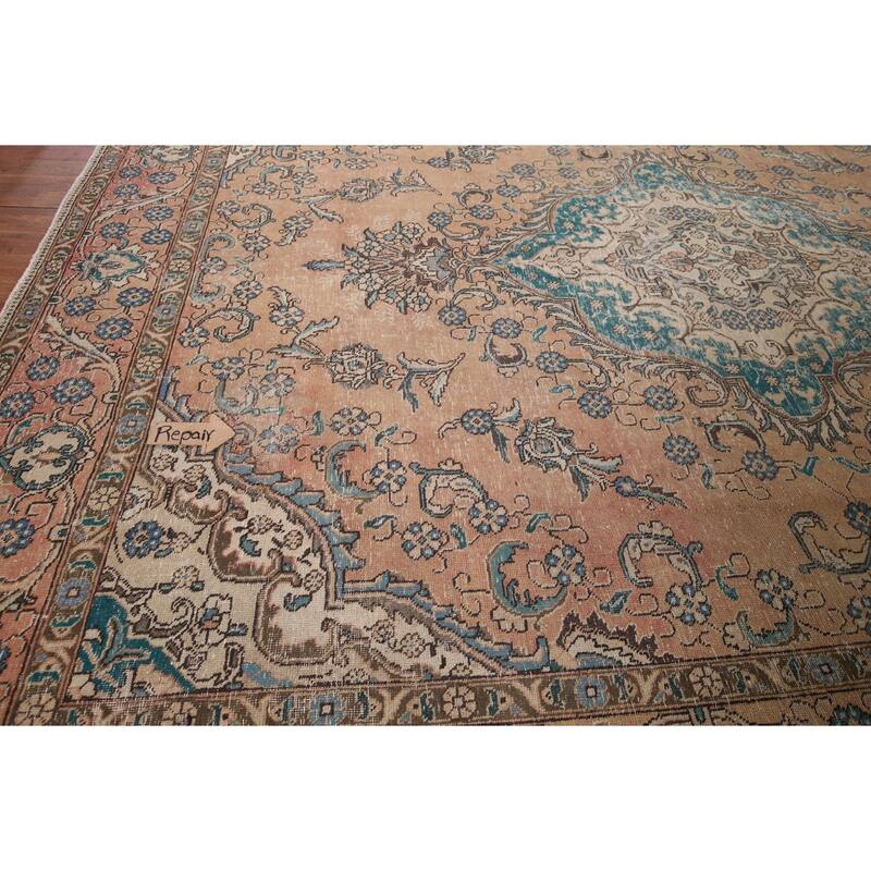 Distressed Tabriz Vintage Persian Rug Dining Room Handmade Wool Carpet - 9'3" x 12'9"