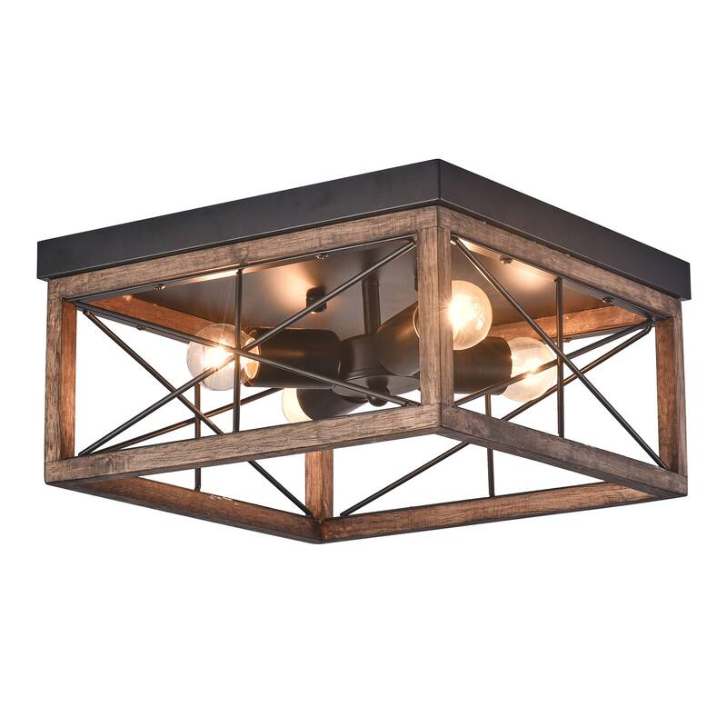 Black and Brown 4-Light Rustic Farmhouse Cage Shape Ceiling Lighting Fixture