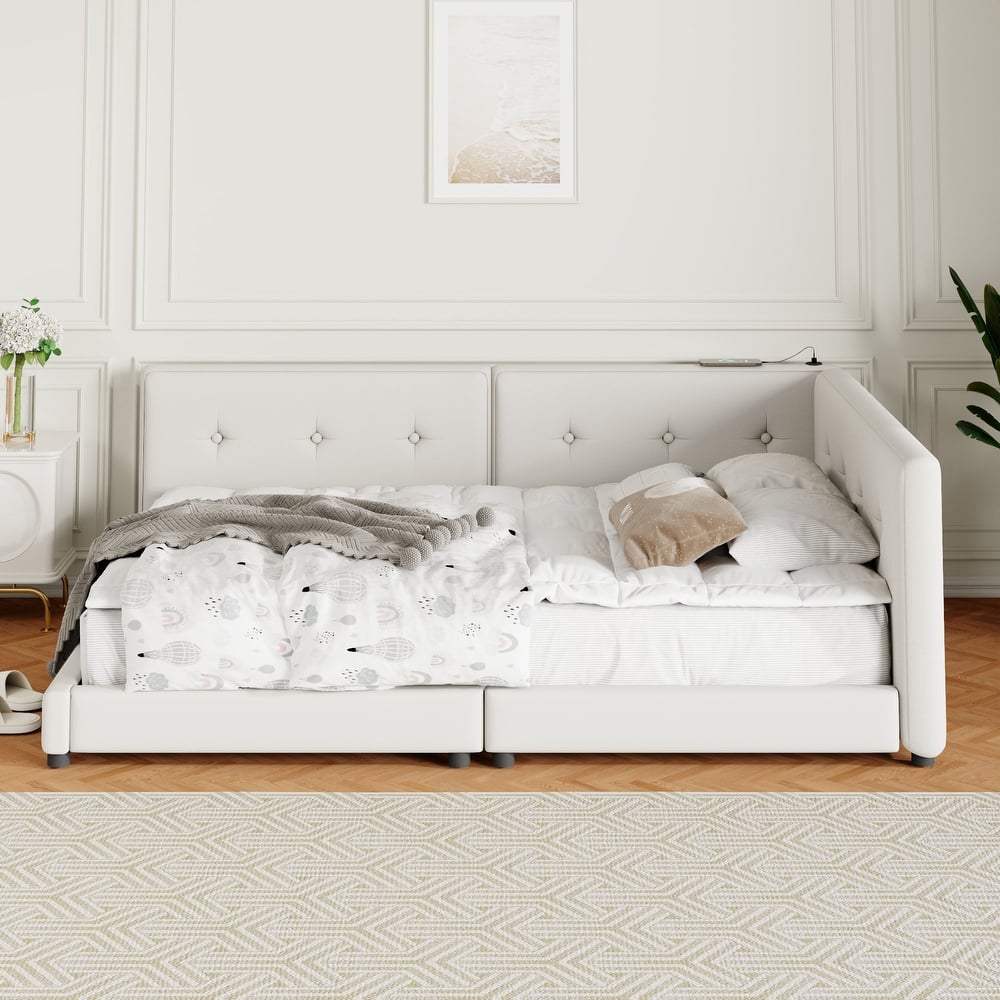 Upholstered Platform Daybed with USB Ports, Modern Linen Fabric Floor Sofa Bed Frame, Wooden Slats Support