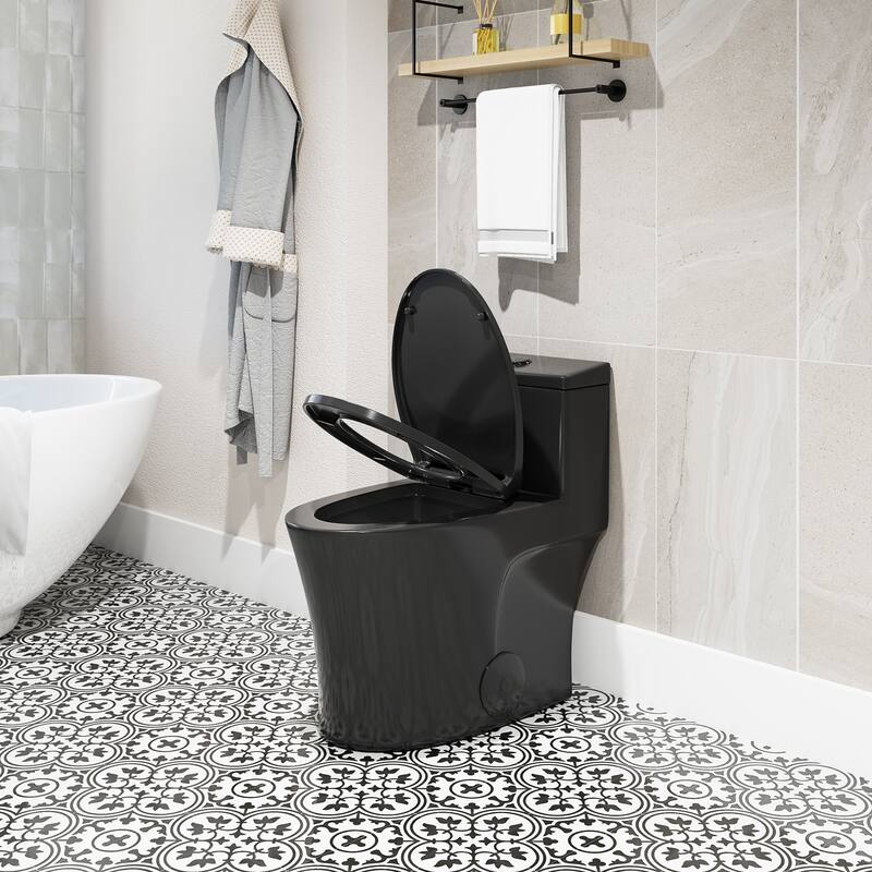 HOROW 1 Piece Dual Flush Elongated Toilet Black 0.8 1.28 GPF Seat Included 12 Inch Rough In - N/A