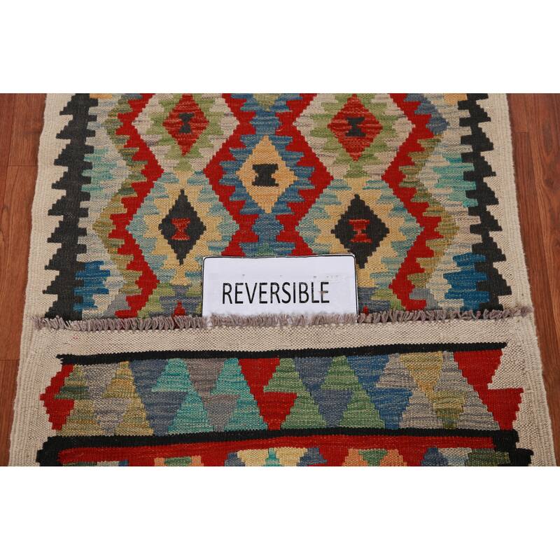 Hand Woven Oriental 100% Wool Carpet Southwestern All-Over Multi-Colored Kilim Runner Rug - 12' 7'' X 2' 8''