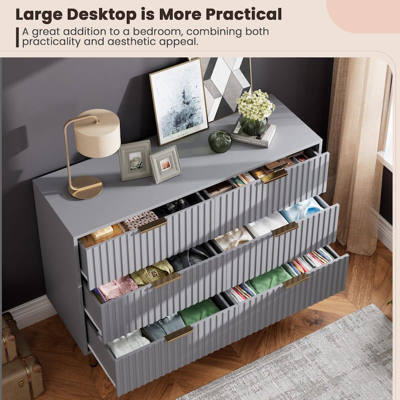 6 Drawer Fluted Dresser for Bedroom, Wide Modern Chest of Drawers, Long Double Dresser