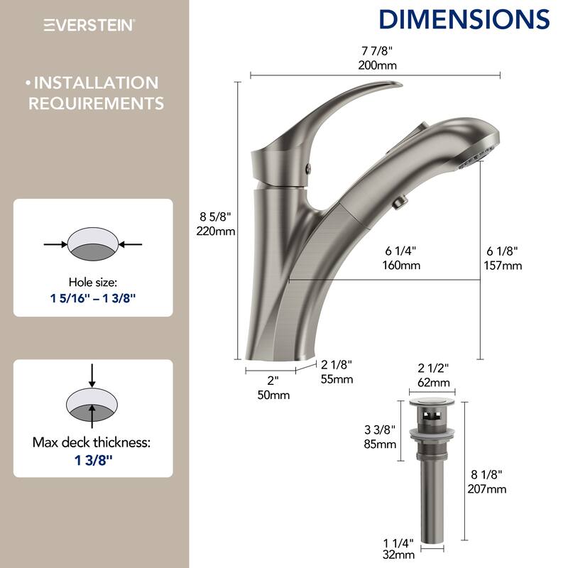 Single Handle Single Hole Pull-Out Basin Bathroom Faucet with Pop‑Up Drain