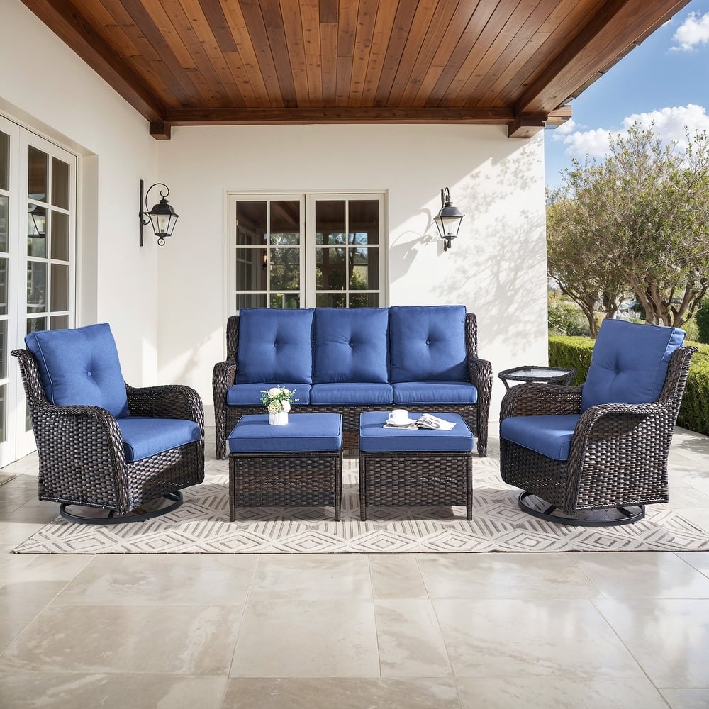 Gymojoy 6-Piece Outdoor Wicker Patio Set with Swivel Rockers, 3-Seater Sofa & Ottomans